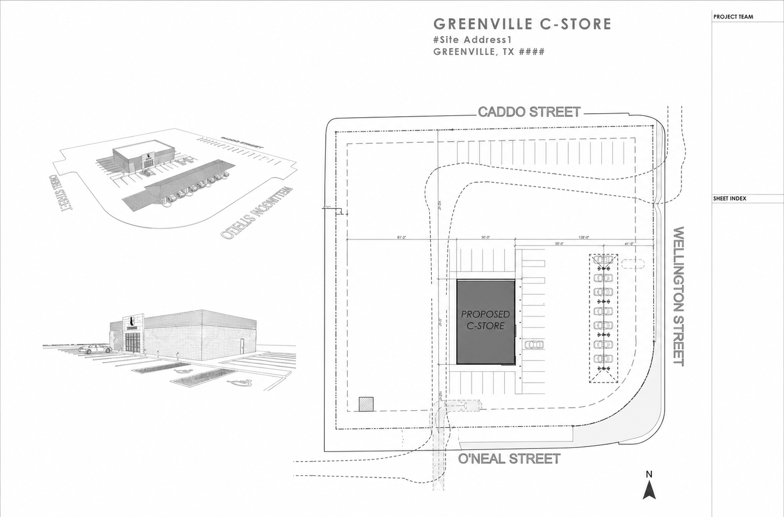 Preliminary Greenville C-Store site concept showing the proposed building, fuel canopy, access, parking, and surrounding streets.